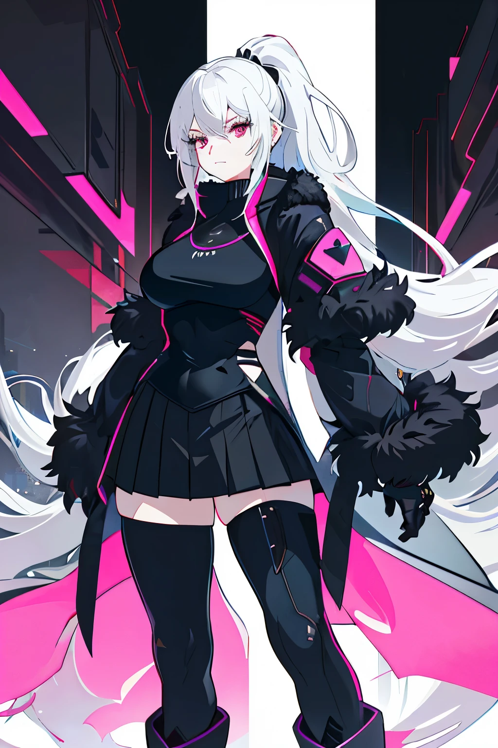 Silver-white double ponytail,Hair curtains。long whitr hair,Pink eyes,White off-the-shoulder cover neck short sleeves,black short skirt,Black stocking pantyhose,chiquita,Bad girl,,huge tit,cyber punk perssonage,Pink ,In the futuristic technology sense classroom
