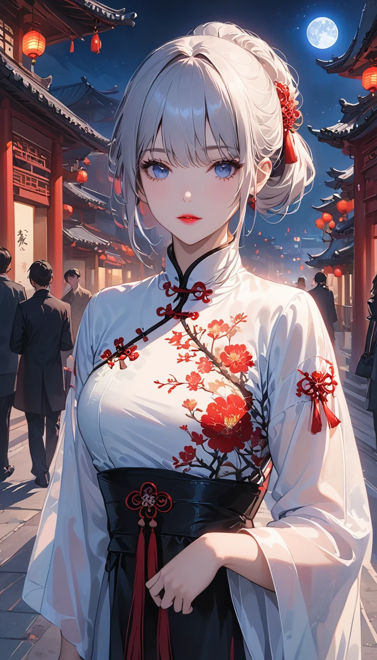masterpiece, the best, night, full moon, 1 adult woman, Chinese Architecture, cheongsam, China costume, Royal sister, cold face, Poker face, woman with long silver hair, light pink lips, , calm, intellectuals, Three bangs, gray pupil, street view, facial details,