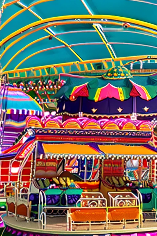 Liminal Space, Dream Core, Nostalgia Core, Anemoia, Kenopsia, Carnival setting, Orange Tent, Purple Tent, Yellow Tent, Bright Green Tent, Tilt-A-Whirl, Food Stand, Roller Coaster, Bumper Cars, Big Top Tent, Fanfare aesthetic, Soft shading, soft colors, pastel colors, vivid colors 