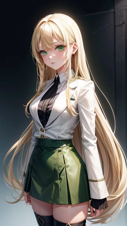 adult woman, blonde long hair, green eyes, dark green tight mini skirt, white thigh highs, dark green boots, white coat, solid white background, full body art, fantasy