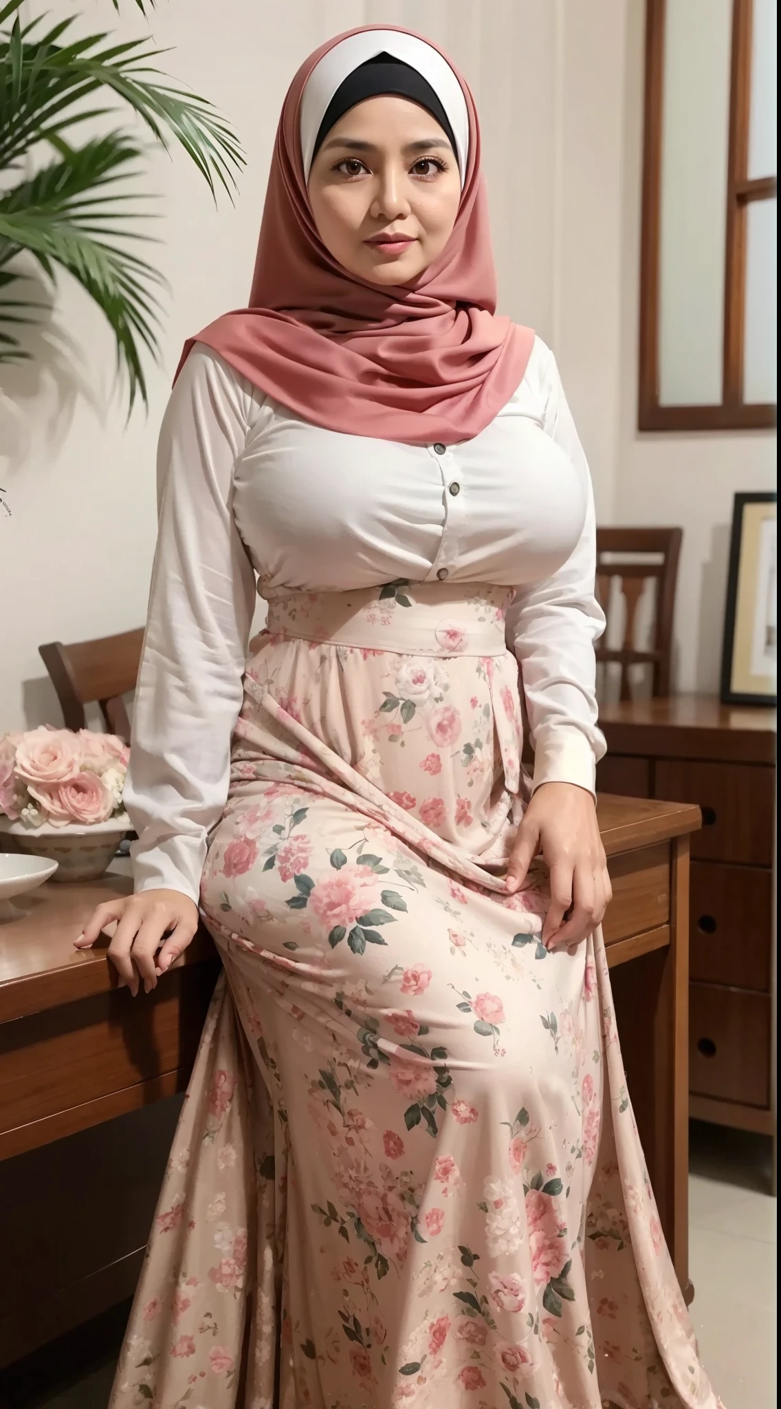 50 years Old, Hijab Indonesian mature woman, Big Tits : 66.9, Gamis, Breast out from her clothes : 1.9, at doctor office, Dark light, at Nighttime