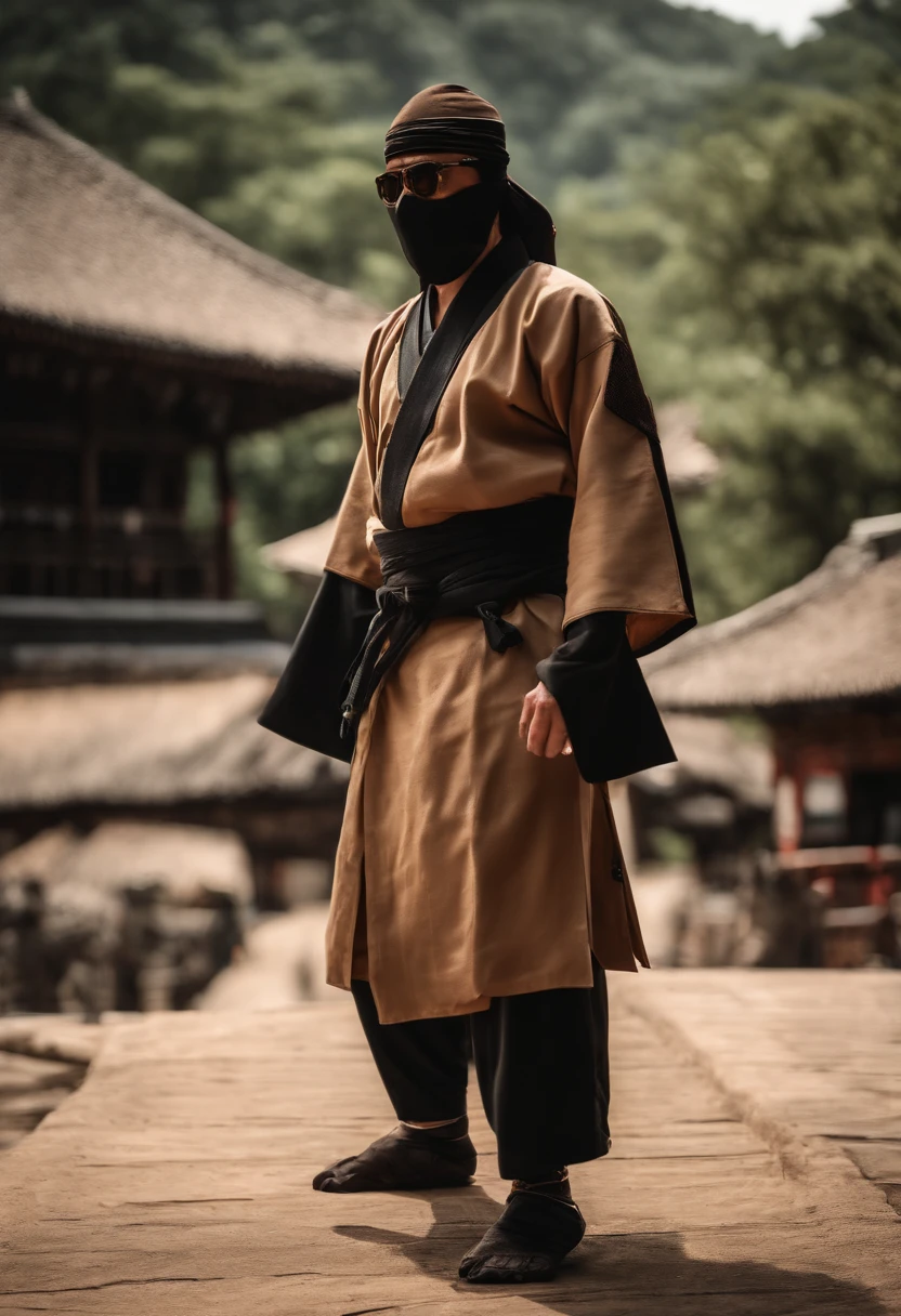 KANZENATE, Ninja, Karate, Shotokan, Ninjutsu, Kung Fu, usando camiseta branca, casaco preto, casaco marrom, oculos Ray Ban aviador, chapeu do vietnan