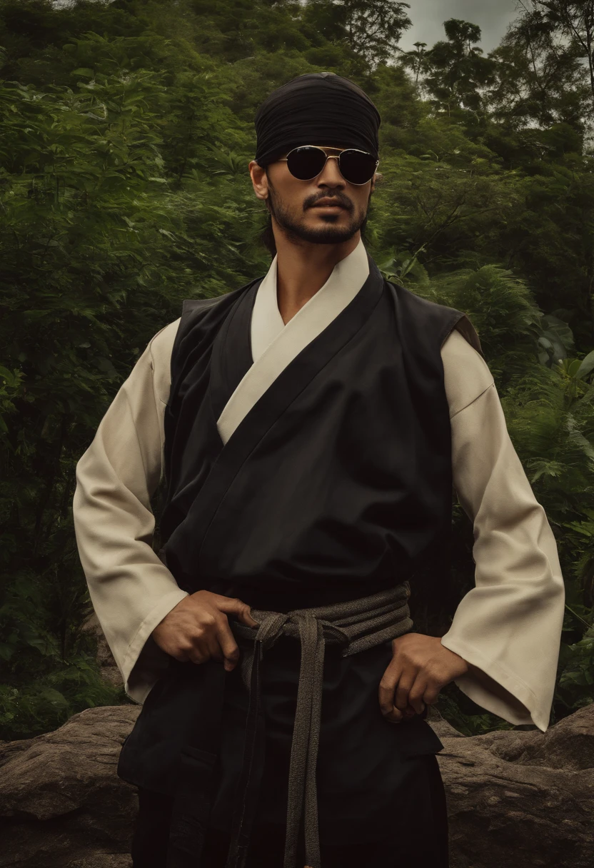 KANZENATE, Ninja, Karate, Shotokan, Ninjutsu, Kung Fu, usando camiseta branca, casaco preto, casaco marrom, oculos Ray Ban aviador, chapeu do vietnan