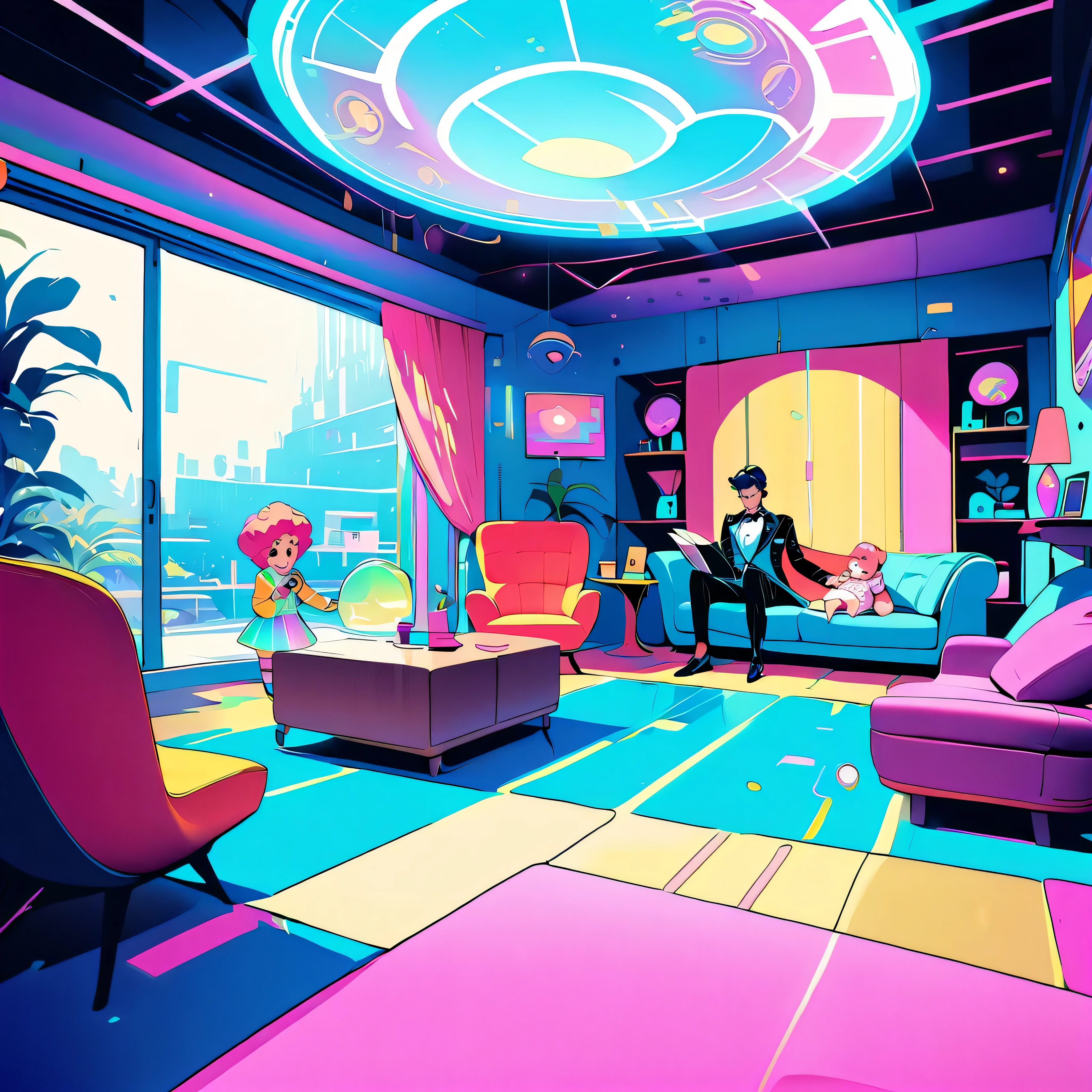 Retro-Future, Robot butler wears holographic retro skirt and reads to curly-haired baby, In a surreal living room,There are strange flowers inside
