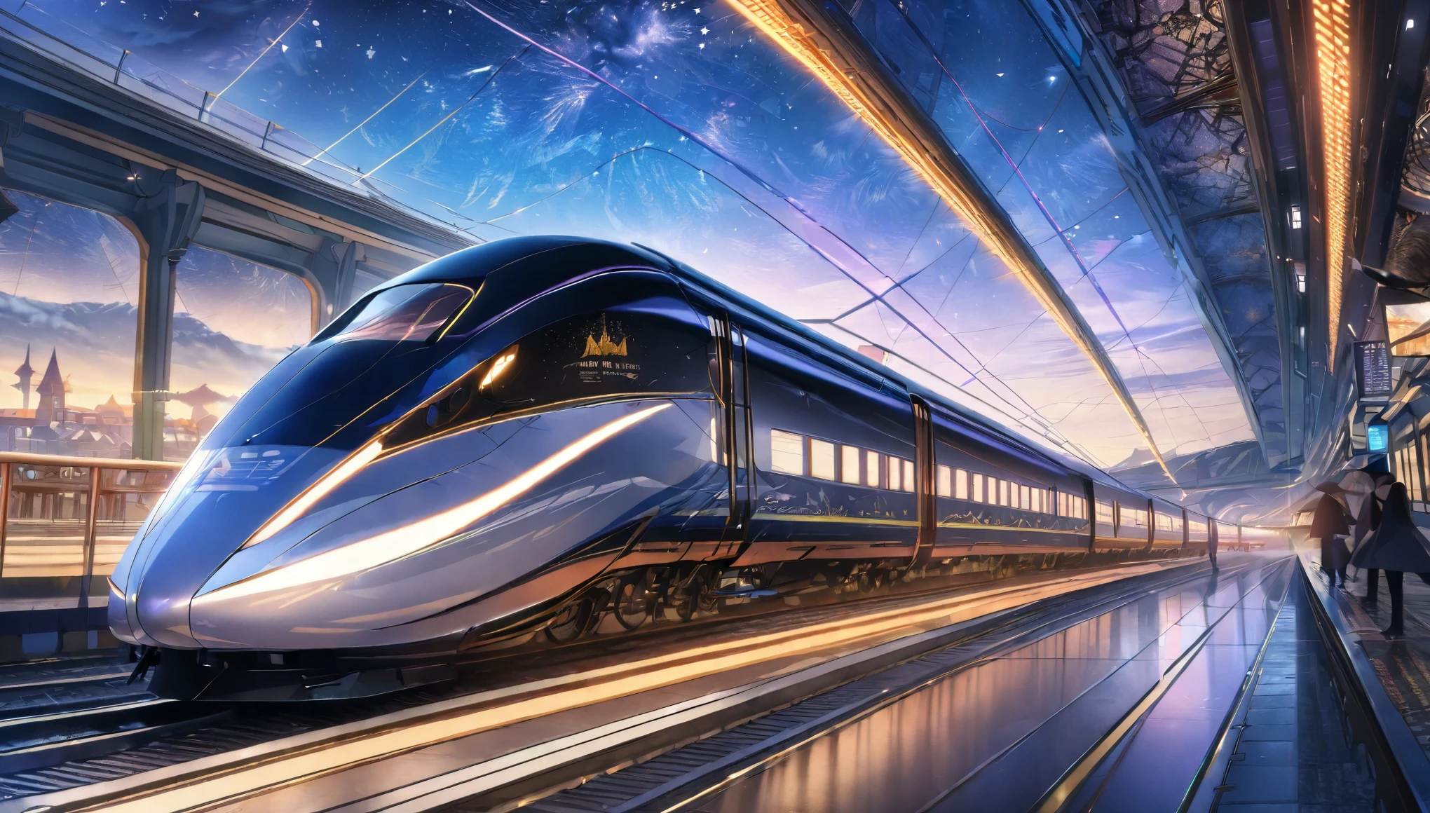 8K、masterpiece、highest quality、highest level、best image quality、intricate details、High resolution、Realistic and beautiful scenery、On the tracks、Future express trains will reach speeds of 400 km/hkmRide across the continent(SF)、(((Streamlined design!!!)))、(((Shapes made up of curved surfaceidnight、A beautiful sky full of stars、fantasy、soft light, dark、Create digital artwork in pop art style