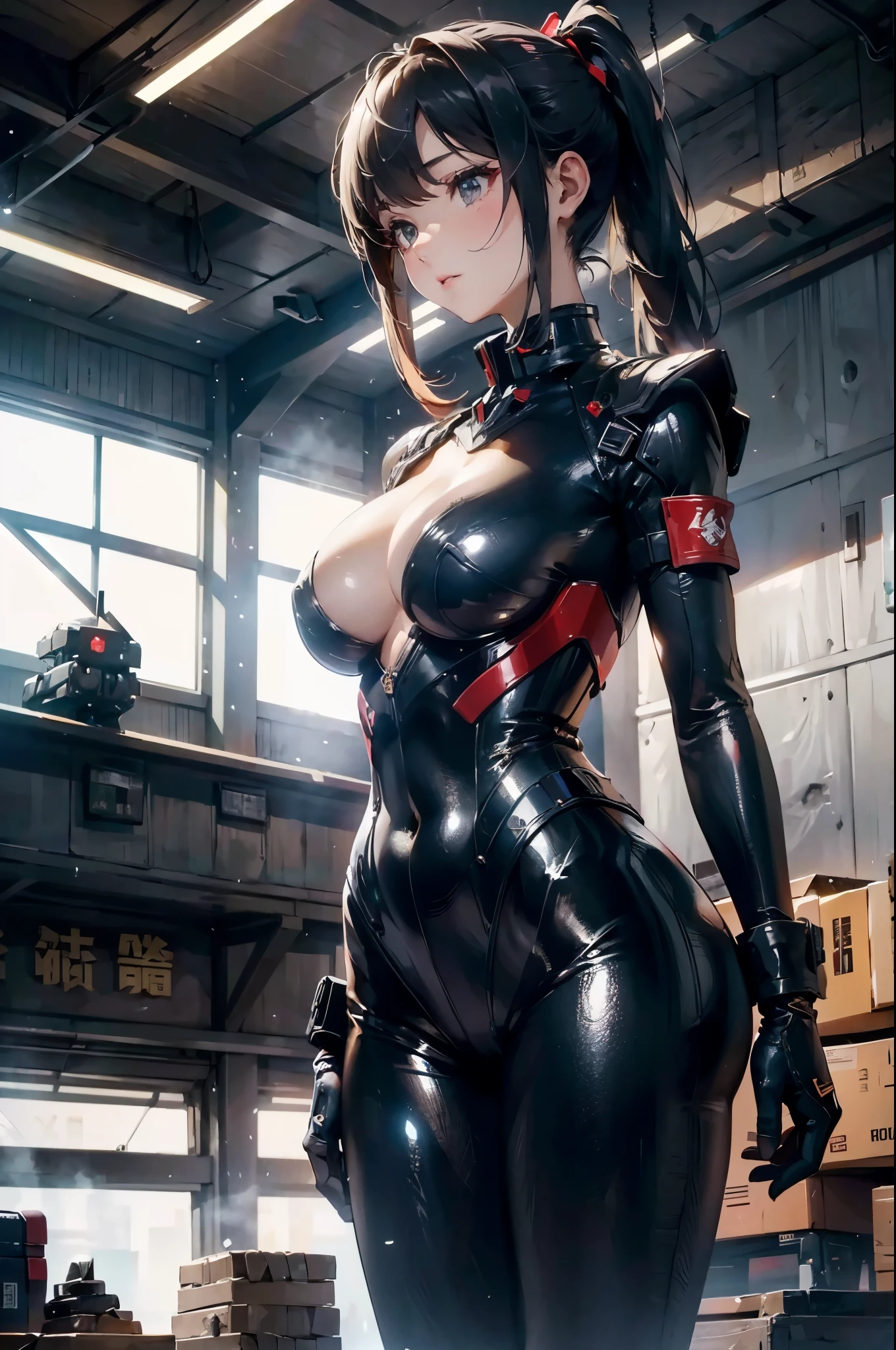 8K，realistically，charming，The content is very detailed，a 20 year old girl, 一个性感charming女人, Inspired by military uniforms，Wearing a neat military uniform。Her outfit exudes iness and confidence，It perfectly interprets the power and charm of mecha。With military warehouse in the background，Create a unique atmosphere，Highlight her bravery and perseverance。The overcast sky adds a sense of tension and mystery to the entire scene。This is HD、High-quality images give you a stunning visual experience，The detailed military warehouses and shiny mechas will keep you glued to the screen。oc rendering，dramatic lighting，Award-winning quality，Have an extremely elegant figure、Big and deep brever your breasts，hu