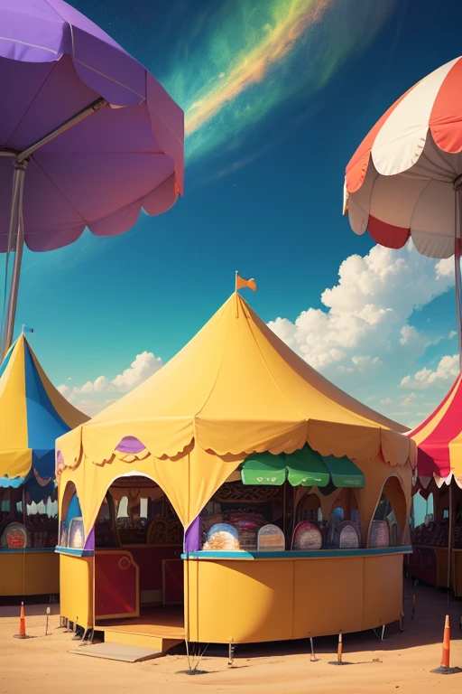 Liminal Space, Dream Core, Nostalgia Core, Anemoia, Kenopsia, Carnival setting, Orange Tent, Purple Tent, Yellow Tent, Bright Green Tent, Tilt-A-Whirl, Food Stand, Roller Coaster, Bumper Cars, Big Top Tent, Fanfare aesthetic, Soft shading, soft colors, pastel colors, vivid colors