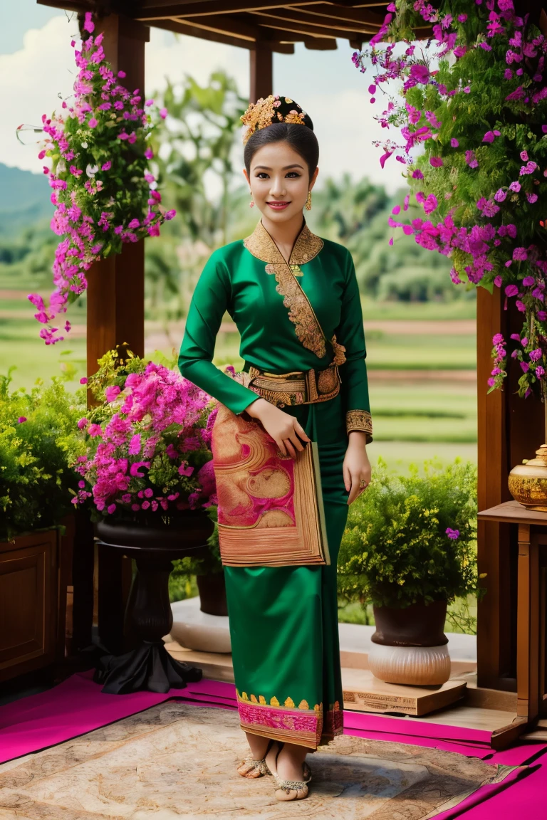 (best quality,4k,8k,highres,masterpiece:1.2),ultra-detailed,(realistic,photorealistic,photo-realistic:1.37),Beautiful girl wearing Tai khun traditional dress, vibrant flowers, sunlit field, traditional costume, delicate embroidery, radiant smile, graceful stance, colorful petals, golden hour lighting, peaceful atmosphere, traditional headpiece, blooming flowers, flowing fabric, cultural heritage, Thai culture, lush green grass, nature backdrop, intricate patterns, tranquil setting, traditional attire, joyful expression, traditional accessories, ornate design, traditional dance, vibrant colors, nature-inspired, traditional celebration, natural beauty, traditional dress, traditional elegance, traditional gathering, traditional festival, cultural pride, traditional heritage, graceful movements, traditional patterns, floral beauty,,slim fit dress,(Pretty Buttocks:1.5), long Hair, Instagram Pattern Pose, standing cute pose, confident, slim girl, big tits:1.2, perfect anatomy, perfect symmetry:1.2, Realistic, realistic face:1.3, perfect face, beautiful white pink skin, captivating face, content, confident, very detailed, and dramatic, cinematic lighting, Lighting scene, soft lights graceful movement, full body photography, (((masterpiece :1.5))), vibrant colors,exquisite embroidery,detailed patterns