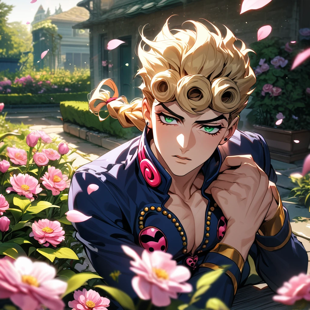 absurdres, highres, ultra detailed, HDR, master piece, best quality, Giorno Giovanna, blond hair, expressive green eyes, Jojo bizarre adventure, 1man, handsome, garden, pink flowers, petals
