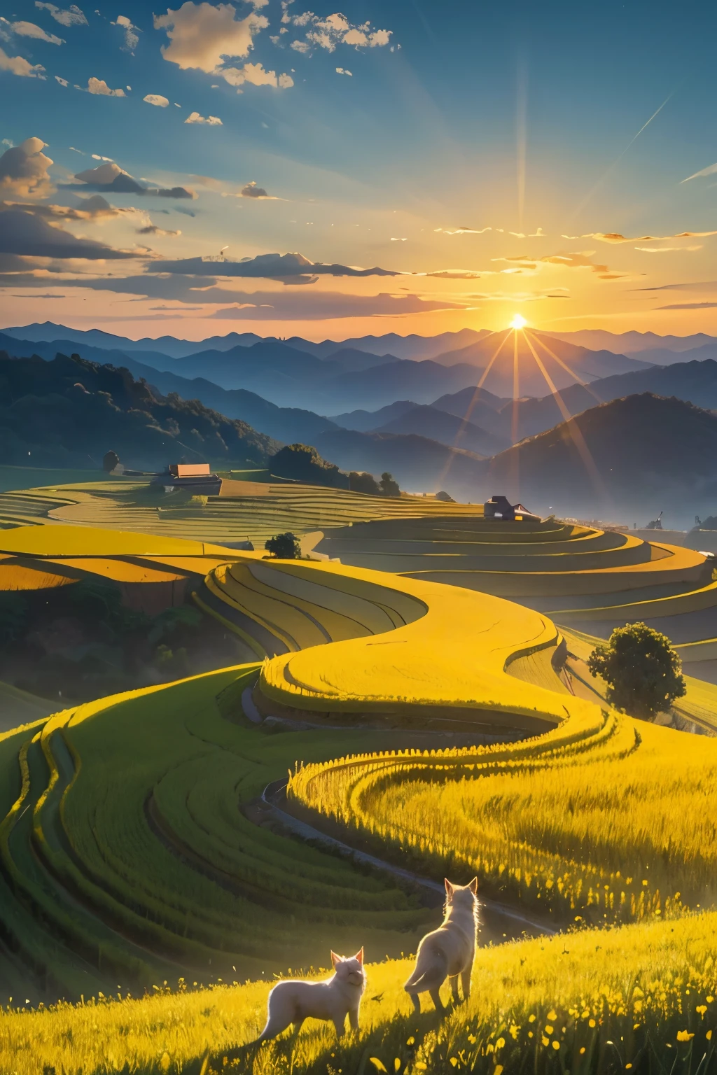 the cat is walking,Create vivid and serene images inspired by poetry: "Paint the rice fields yellow and gold, Let the flowers bloom, Like a bird flying among the clouds, Let the sun shine, Cool the wind, Wishing my dear friends and colleagues good health." Yellow rice fields with the sun shining in the background, Beautiful Myanmar countryside, Sunny landscape, filtered night light, Light of the sun, Detailed field nature, dramatic warm morning light, beautiful scenery, Written by Thomas Hefner, beautiful scenery, summer morning light, Nice views, Fields with clouds on the background, shining golden hour, Flock of birds flying among the clouds