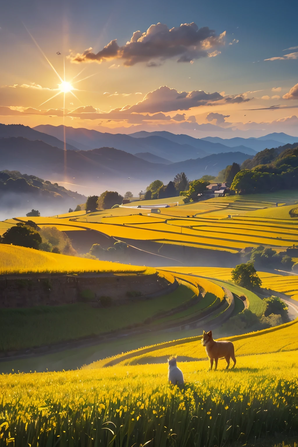 the cat is walking，Create vivid and serene images inspired by poetry: "Paint the rice fields yellow and gold, Let the flowers bloom, Like a bird flying among the clouds, Let the sun shine, Cool the wind, Wishing my dear friends and colleagues good health." Yellow rice fields with the sun shining in the background, Beautiful Myanmar countryside, Sunny landscape, filtered night light, Light of the sun, Detailed field nature, dramatic warm morning light, beautiful scenery, Written by Thomas Hefner, beautiful scenery, summer morning light, Nice views, Fields with clouds on the background, shining golden hour, Flock of birds flying among the clouds