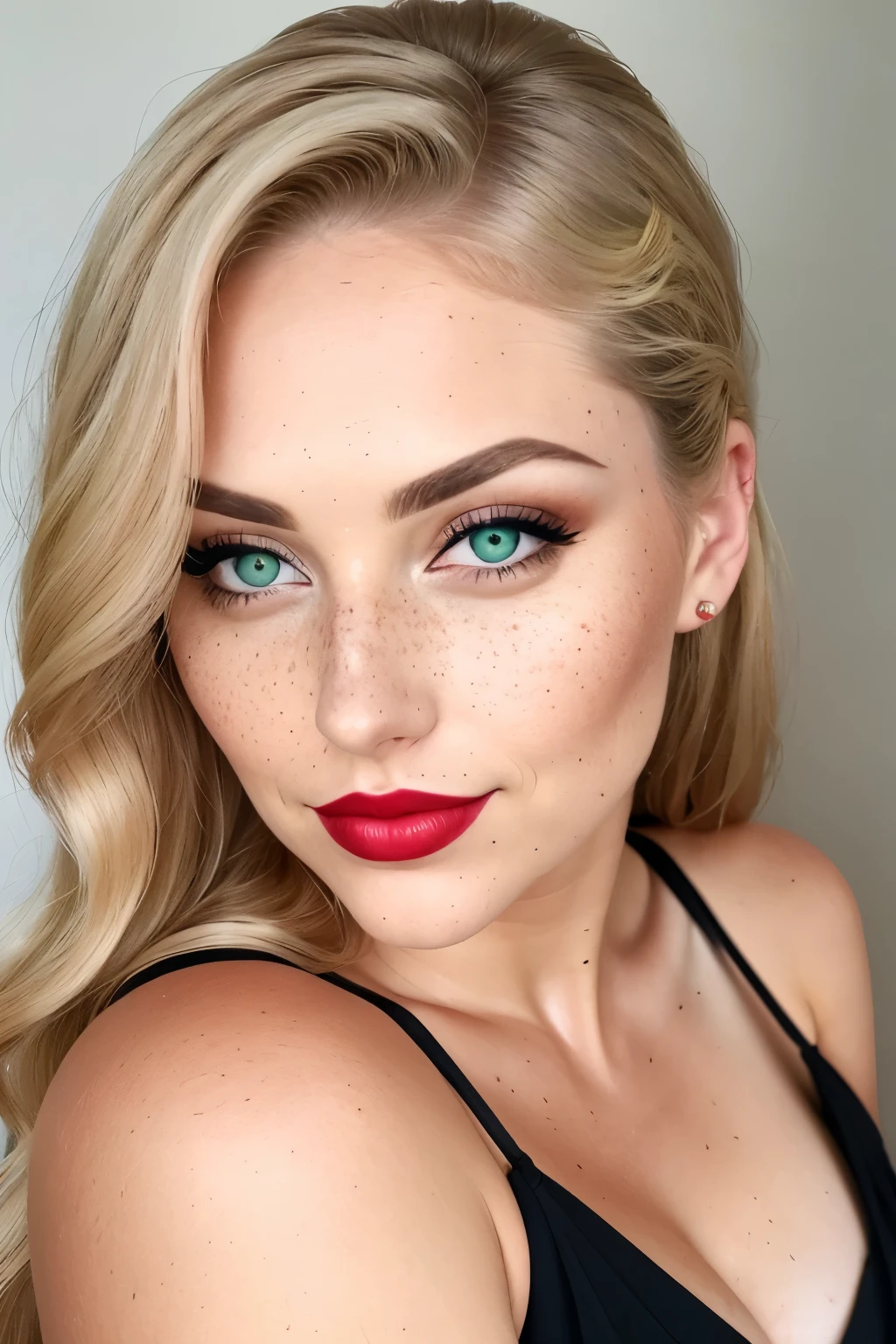 An adult content creator, a seductive green-eyed blonde with freckles speckled across her face, entices the viewer with her alluring gaze and a playful smirk. Her luscious lips are painted a bold red, adding an extra layer of temptation to her naughty look. Her outfit is discreet yet suggestive, leaving no doubt as to her intentions. Her hair cascades down her shoulders in soft, golden waves. The natural lighting highlights the texture of her skin, making every freckle and pore stand out in stunning detail. She wears a sultry red lipstick that accentuates her full, pouty lips. Her green eyes gleam with m