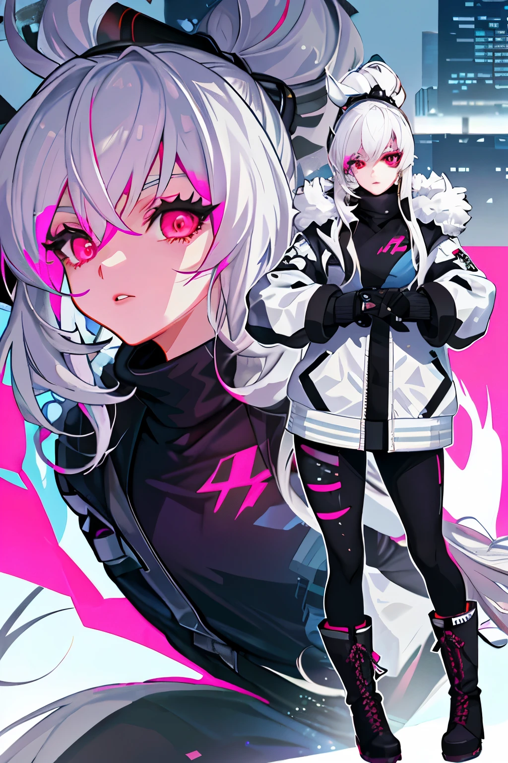 1 woman, standing alone on the edge of a skyscraper with a breathtaking view of the city below, (zoomed in: 1.5), best quality art, ultra-detailed and high contrast rendering, long flowing silver hair styled in a ponytail, broken ruby red eyes reflecting a mix of sadness and determination, a full-figured body clad in leggings and a pleated skirt, topped with a sports top and high boots, a long fur jacket keeping her warm, with visible black cybernetics adorned with neon pink accents, a detailed face with expressive features, hyper-detailed eyes that seem to captivate, defined lips,