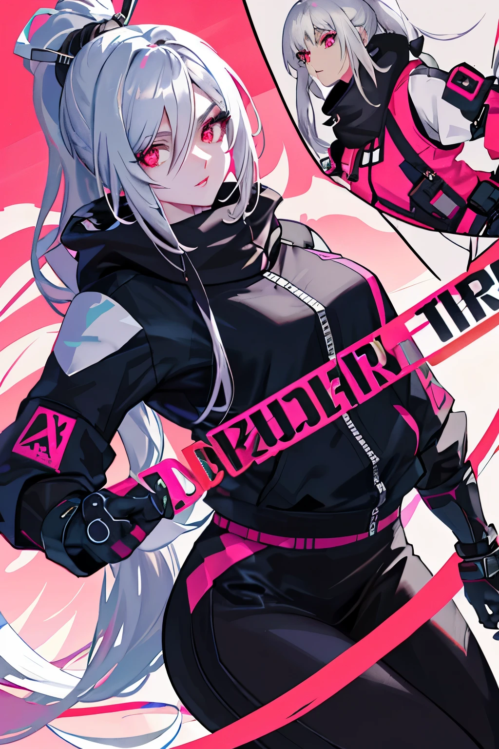 1 woman, standing alone on the edge of a skyscraper with a breathtaking view of the city below, (zoomed in: 1.5), best quality art, ultra-detailed and high contrast rendering, long flowing silver hair styled in a ponytail, broken ruby red eyes reflecting a mix of sadness and determination, a full-figured body clad in leggings and a pleated skirt, topped with a sports top and high boots, a long fur jacket keeping her warm, with visible black cybernetics adorned with neon pink accents, a detailed face with expressive features, hyper-detailed eyes that seem to captivate, defined lips,
