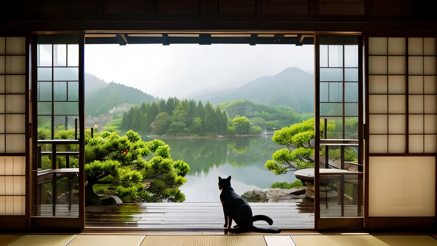 Rainy scenery seen from a Japanese-style room、beautiful scenery，The cat is looking at the view