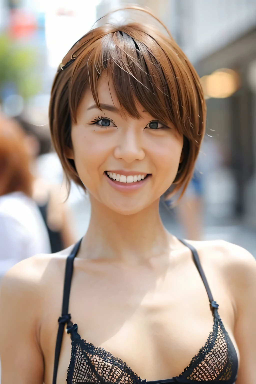 NSFW:1.5,((highest quality、8K resolution、master masterpiece、portrait:1.3)), Photoreal, 35mm film, 1 Japanese female、Upper body、on the street during the day, wrinkles around the eyes, plump body、boyish_pixie cut、smile,((black bra_panties:1.3)) , (outdoor:city street 1.3), jumbled background,look at the audience,Tokyo cityscape:1.3,smile