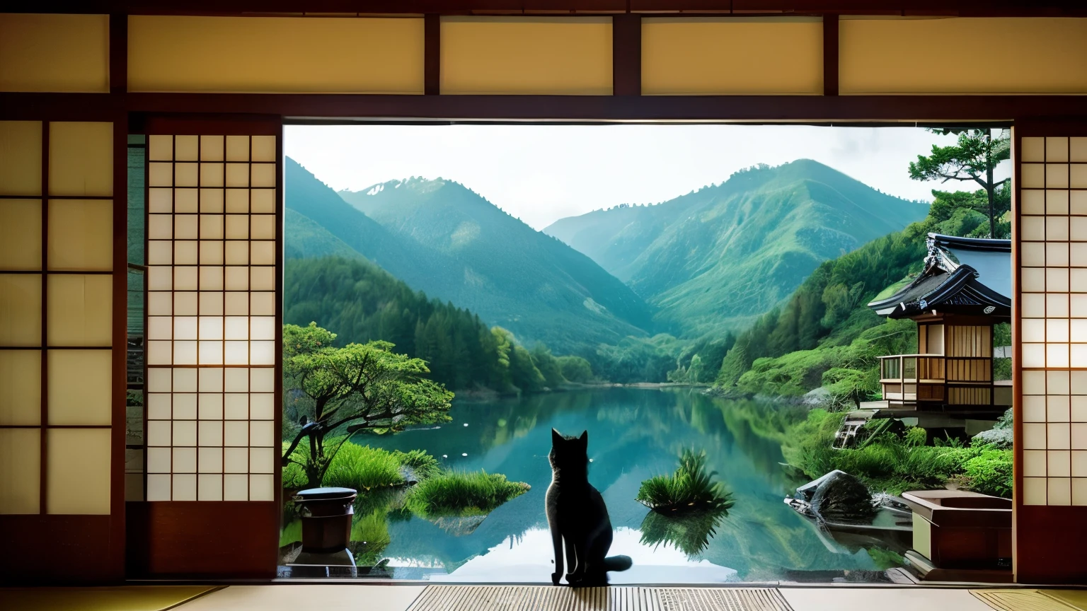 Rainy scenery seen from a Japanese-style room、beautiful scenery,The cat is looking at the view