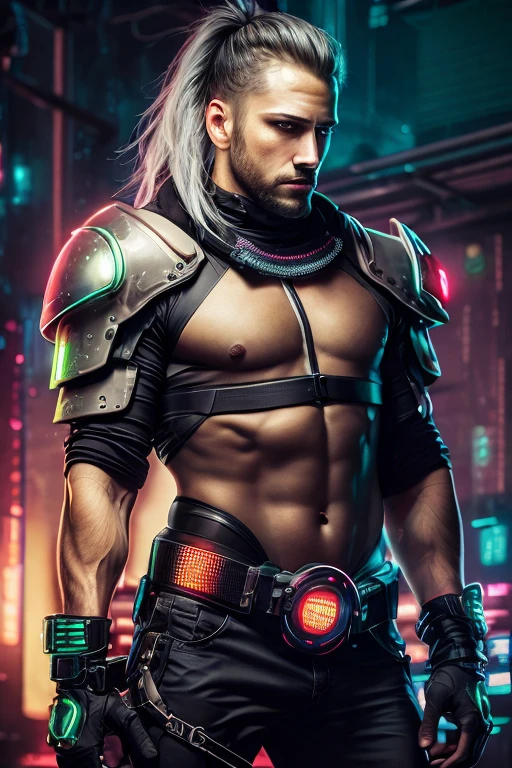 sharp macro quality, close up portrait, of brutal cyberpunk man, in cyberpunk neon room, rough skin, look into a camera, glowing eyes, 40s, cinematic, faded colors, dark shot, soft colors, grainy film, access, scary