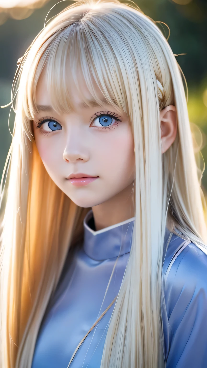 shiny transparent white skin、Windy hair gets in the way of her pretty face、Colossal、Cute little beautiful face of 14 years old、Beautiful super long straight blonde hair、Large, bright, light blue eyes that sparkle beautifully、long silky bangs that cover cute eyes, Sexy Face Hide Hair Super Long Hair Sexy Cute Young Woman Long Natural Blonde Shiny Shiny Hair、cheek highlights、small face beauty、