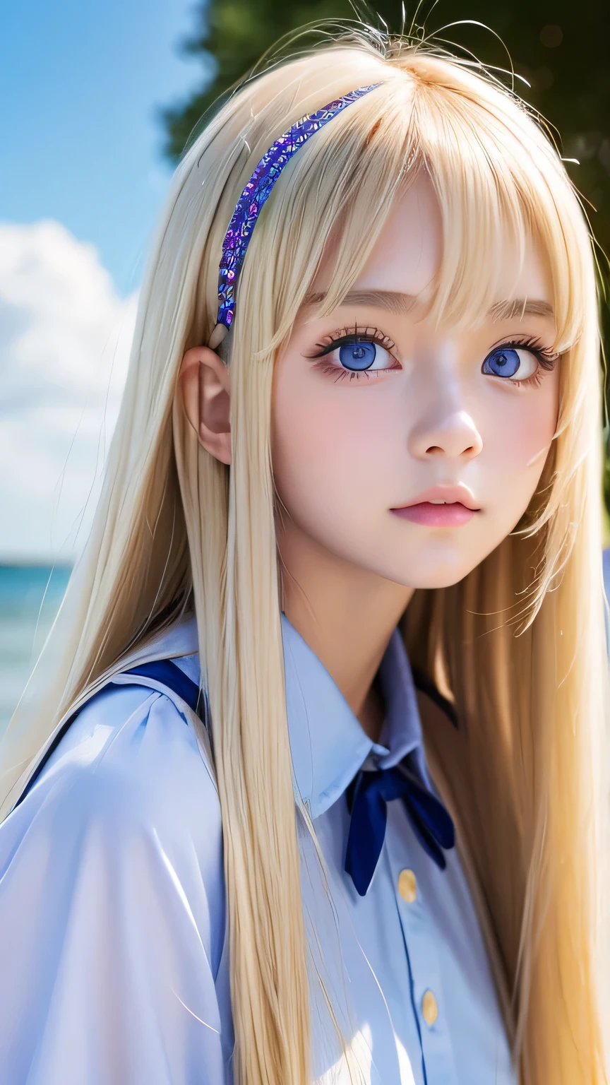 shiny transparent white skin、Windy hair gets in the way of her pretty face、Colossal、Cute little beautiful face of 14 years old、Beautiful super long straight blonde hair、Large, bright, light blue eyes that sparkle beautifully、long silky bangs that cover cute eyes, Sexy Face Hide Hair Super Long Hair Sexy Cute Young Woman Long Natural Blonde Shiny Shiny Hair、cheek highlights、small face beauty、