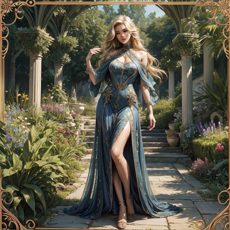 Best Quality, 4K, masterpiece,extremely beautiful woman,pinup,highly detailed beautiful face,big eyelahes,minimum waist,maxi slit dress, tights,straight blonde hair,excellent sense,(((one person))),highly detailed body,florish garden in the background 