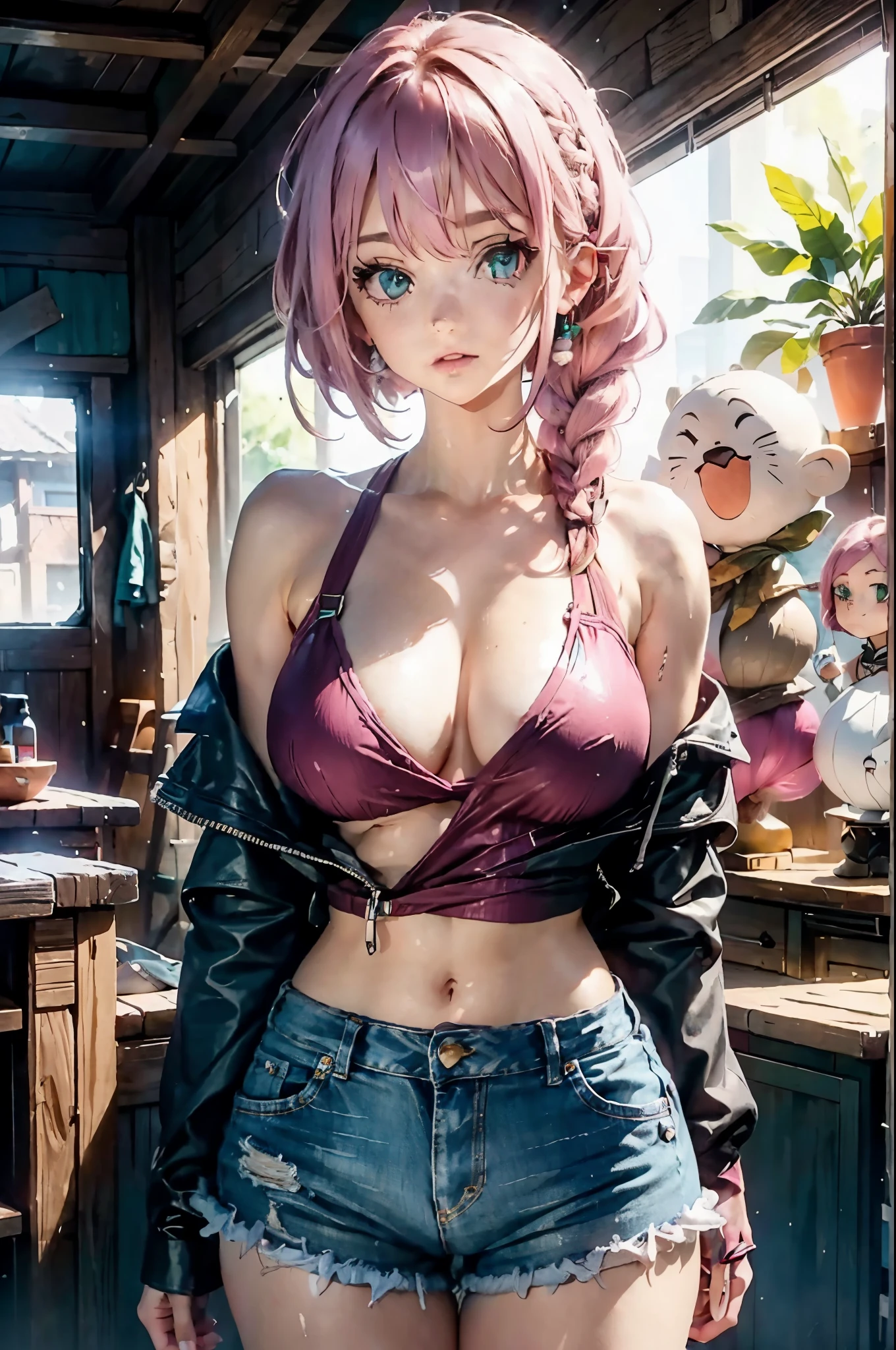 ((best quality,8K,masterpiece:1.4)), pink hair,Long braid on one side, External,( Bare lower breasts,Plain white off-the-shoulder extra-short top),huge breasts,tight ripped denim shorts, green eyes