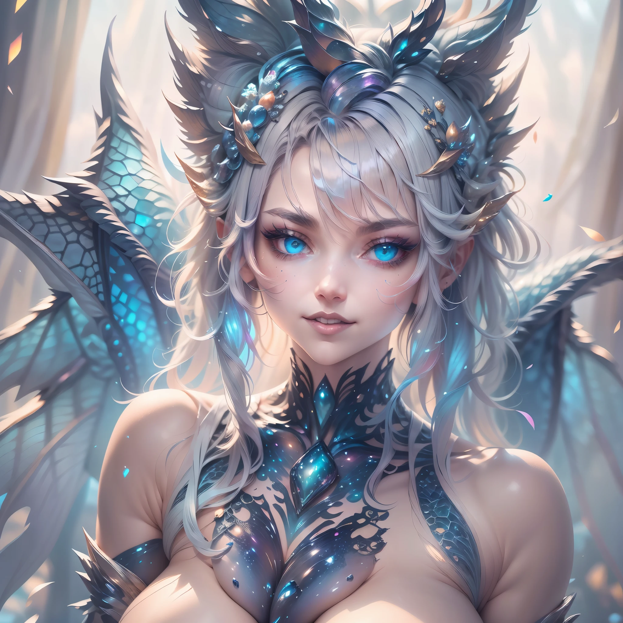 (best quality,4k,8k,highres,masterpiece:1.2, portrait), ultra-detailed, realistic, naked sexy dragon woman with blue glittering scales, skin is glittering sapphire blue scales, short blonde hair with blue highlights, very playful but mischievous smile, huge tits, gigantic breasts, naked, nude, detailed crotch, detailed vulva, sexy pose, spread legs, playful, bi-coloured eyes, heterochromia, lustful