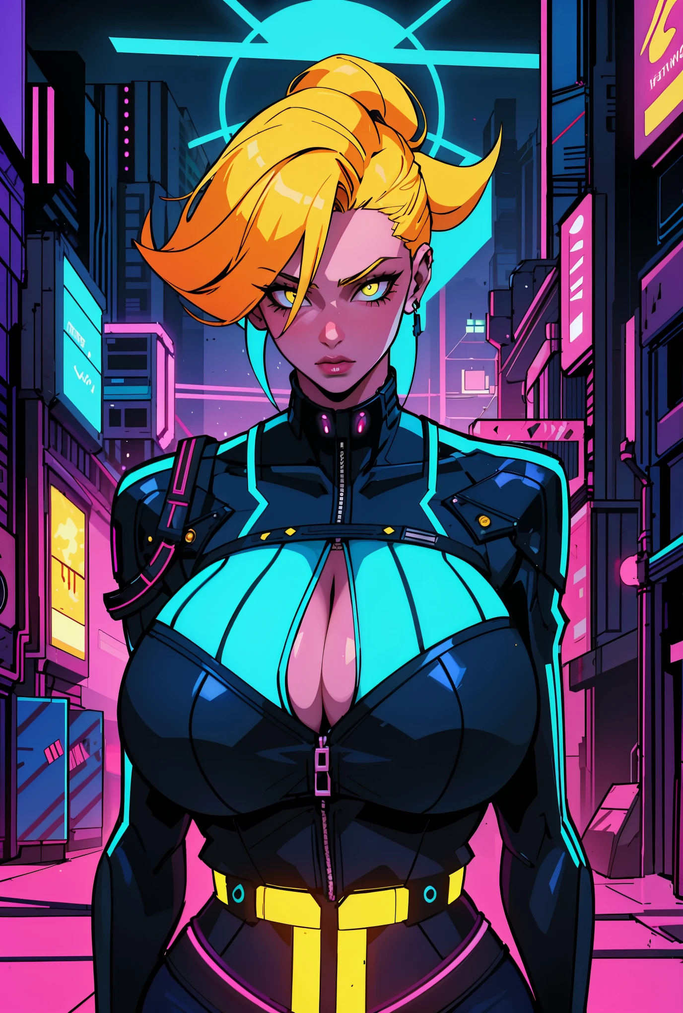 a digital painting of a woman with royal blue and yellow hair, cyberpunk art by Josan Gonzalez, behance contest winner, afrofuturism, synthwave, neon, glowing neon, huge breast