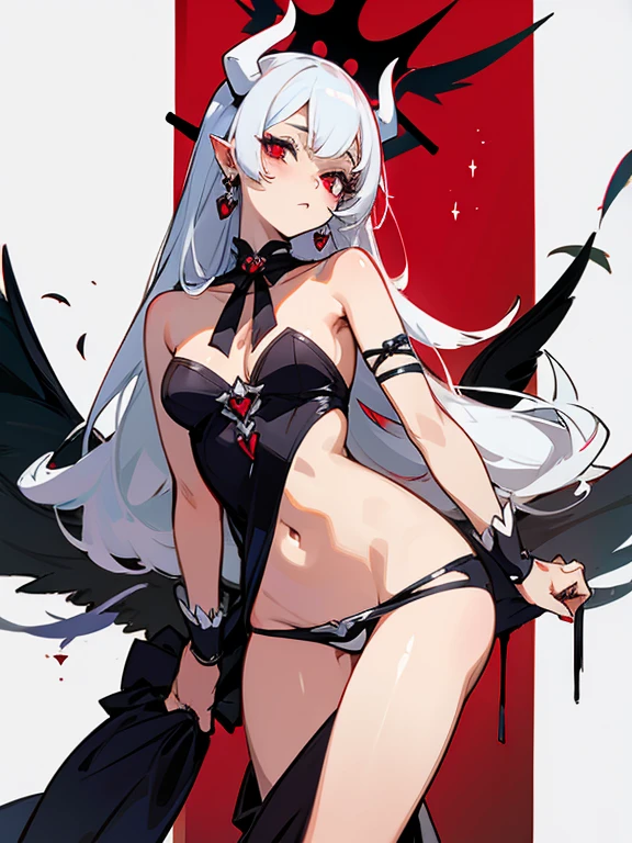 Chica succubus alla con cuenos oni orejas de elfa cabello largo blanco ojos rojos ropa sexy sensual