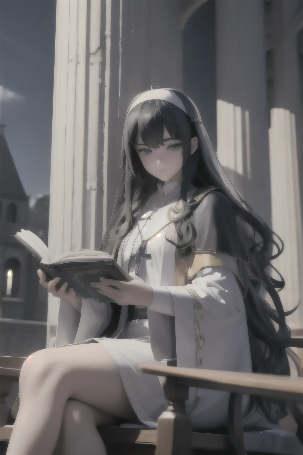 tarot cards、female pope、3D、front、Intellectual、mysterious、robe、、cute face、20th generation、have a book、church、pillar、Majestic、sitting、Clean lines
