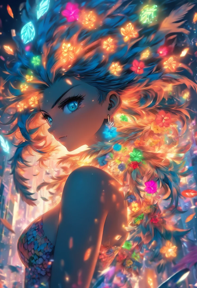 (masterpiece, top quality, best quality, official art, beautiful and aesthetic:1.2), (1girl:1.3), extremely detailed,(fractal art:1.1),(colorful:1.1)(flowers:1.3),highest detailed,(zentangle:1.2), (dynamic pose), (abstract background:1.3), (shiny skin), (many colors:1.4), ,(earrings), (feathers:1.5), nsfw:1.5, cyber sttyle girl, 1girl, solo, short hair, in nightclub ,bar, bare shoulders, BREAK, rainbow hair,long hair, breasts out:2,portrait, (from above:1.2), medium breasts, beautiful breasts, monochrome, greyscale