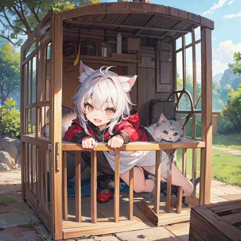 heavy rain、((chibi style)), Teruteru,Inside the house, an elf girl is sitting on the floor, half crying and pouting, gazing out the window.