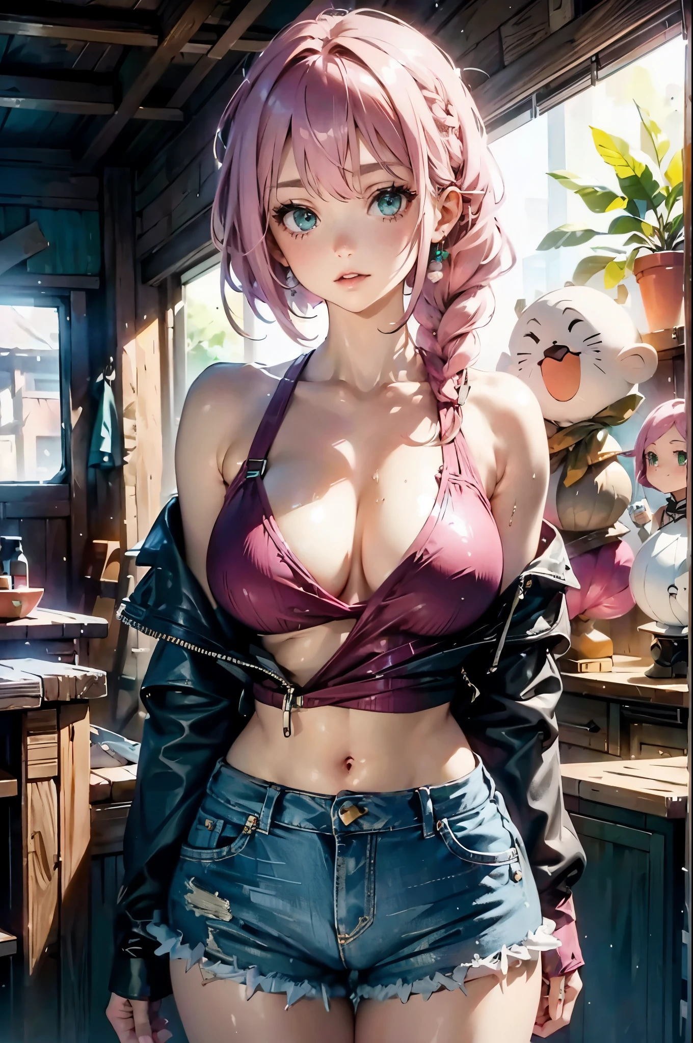 ((best quality,8K,masterpiece:1.4)), pink hair,Long braid on one side, External,( Bare lower breasts,Plain white off-the-shoulder extra-short top),huge breasts,tight ripped denim shorts, green eyes