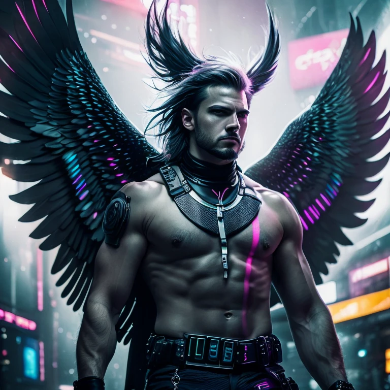 sharp macro quality, close up portrait, of brutal cyberpunk man, in cyberpunk neon room, rough skin, look into a camera, glowing eyes, 40s, cinematic, faded colors, dark shot, soft colors, grainy film, access, scary