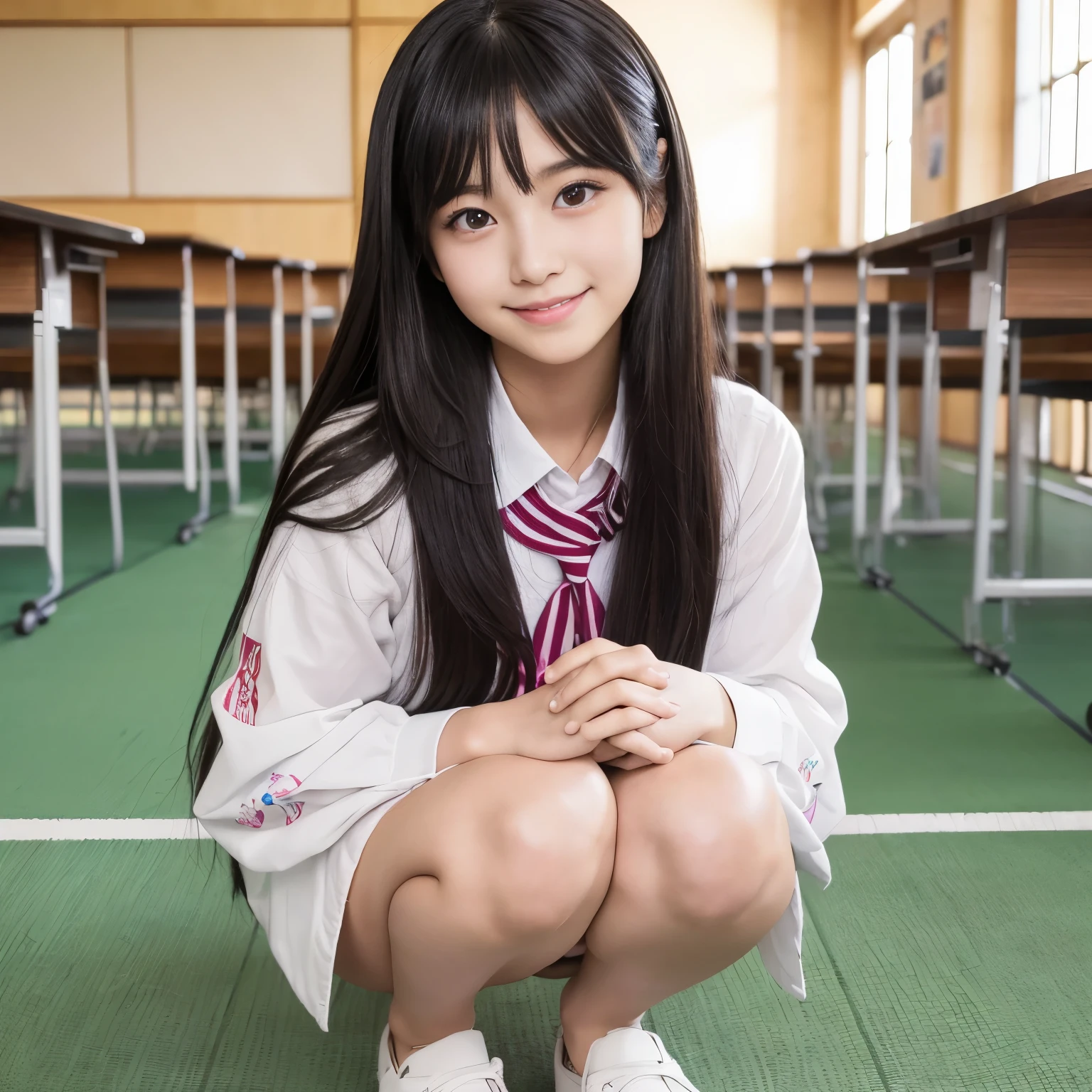 Best-quality, Masterpiece, Ultra-High-Resolution, (Photorealistic:1.4), Raw-Photo, from below, 1girl, solo, 15-years-old, the most popular Japanese idol, wearing only Japanese high-school uniform with long-sleeves and white-panties with cute-patterned, ((at Japanese high-school hall-way, squatting, show the panties)), innocent-smile, (extremely cute face like the most famous Japanese idol, (extremely cute big-black-eyes), extremely cute hairstyle, extremely beautiful and extremely realistic skins), extremely cute lips, extremely cute eyelashes, extremely beautiful inner-thighs, extremely beautiful legs