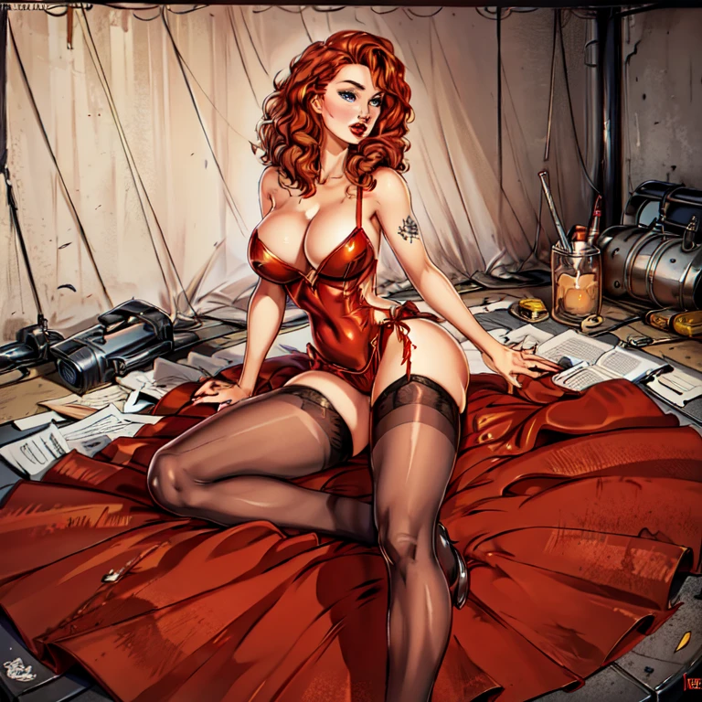 Woman,pin-up, red curly hair, slit dress, pantyhose