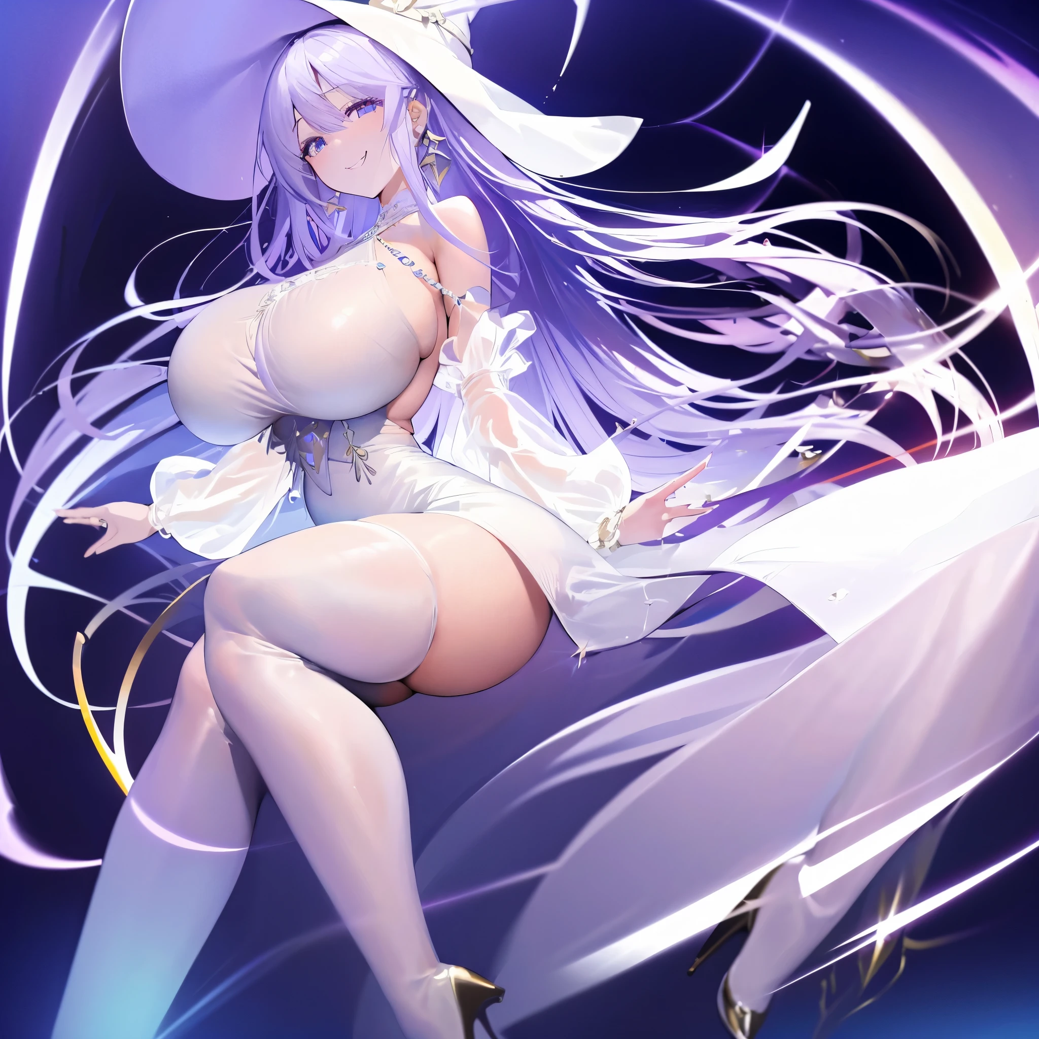 A woman wearing a sophisticated white dress with gold details, long lilac hair, white witch's hat, lilac eyes, smiling, big breasts, wearing heels, full body, at a high point in the city of Paris overlooking the Eiffel Tower,HDR, masterpiece, well defined, ultra resolution, high quality, 8k HD. (just a woman, solo)