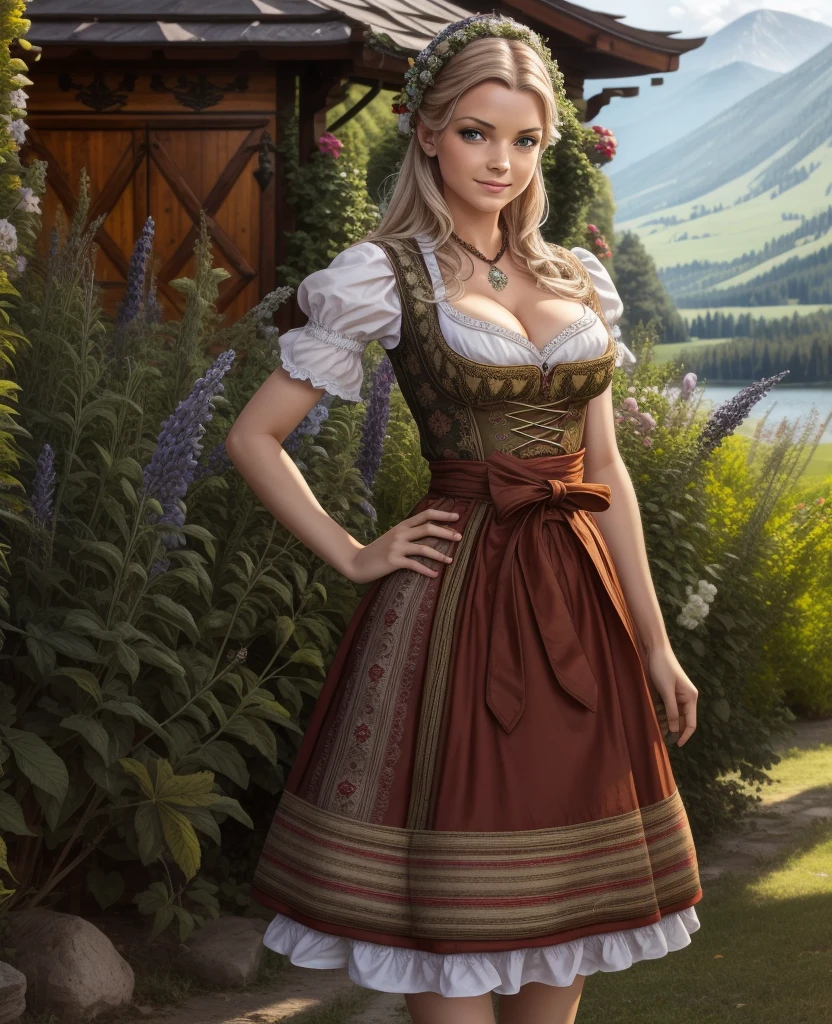 Masterpiece, absurdres, fine detail, HDR, highly detailed face and eyes, huge breasts. thin waist, photorealistic, dirndl, a woman in traditional bavarian dress Standing poses for a picture , german woman, wearing a dirndl, Anya-Taylor-Joy