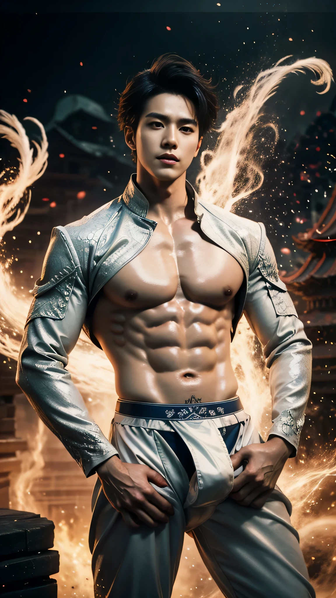 Handsome guy, 25 years old, Asian,kpop idol, master work, best picture quality, higher quality, high detail, super high resolution, 8k resolution, delicate facial features, boy, big detailed muscles, human skin, manly face,realistic body, big breast ads, tattoos, glowing eyes, detailed short hair, hair details, [[Look away, look to the side, emphasize homosexuality and pay attention to every detail , open Hanfu transparent tulle jacket, white silk pants, shirtless, day, starry sky, detailed flying lotus flowers. Waterfalls, mountains, circling light , Chinese courtyard background (((((crotch bulge))))), naked, nude, big eretion dick.