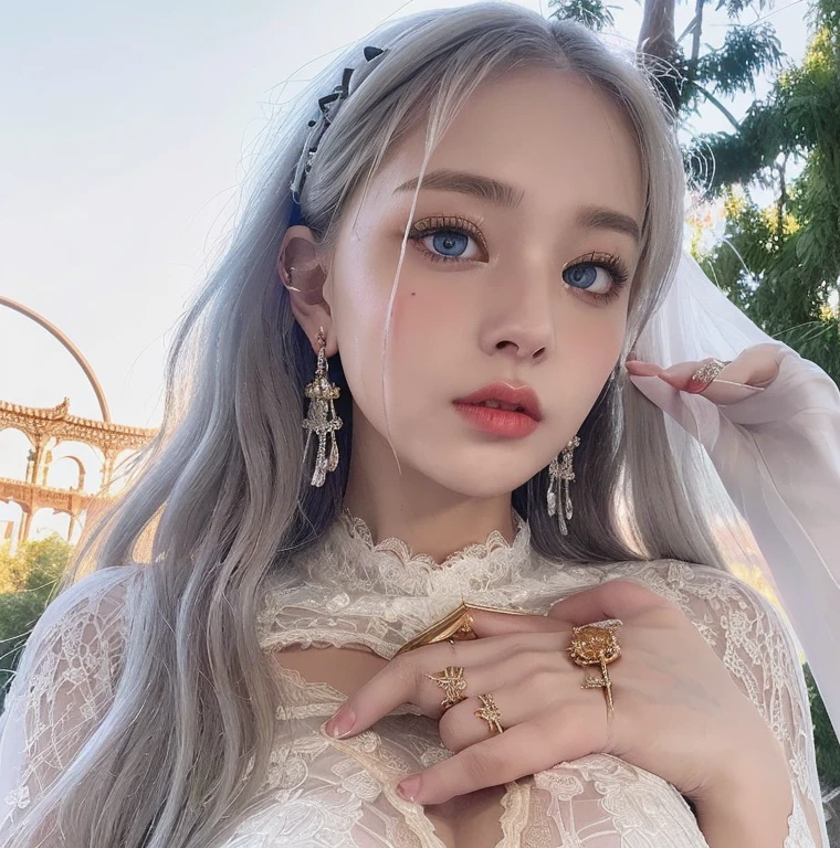 1 miniature Beautiful beautiful woman - Yuan Sayuki, ((top quality, 8K, Masterpiece:1.retty woman, 1 woman, huge breasts:1.3, a slim body:1.1, lush white Long hair, (shower, wet body, wet clothes:1.1), very detailed face, detailed lips, detailed eyes, double eyelids, Detailed blue eyes, чрезвычайно Detailed Outstanding Blue Eyes, short white wet hair, white wet hair, Detailed Outstanding Blue Eyes, innocent look at the viewer, very wet wavy white hair, Detailed Outstanding Blue Eyes, huge cross earrings, Outdoors, badges behind, gothic wedding uniform, sexy gothic style wedding dress with veil, bare chest, huge chest tattoo wearing a wreath, detailed huge earrings, chest tattoo, Outside - there are trees and a buddhist temple in the background, wear a silver cross (Detailed cross shape), reality mode, wet breasts, black necklace, black wedding dress and black veil, human crowd behind, head/forehead chain veil, black latex gloves, naked breasts, naked breasts, naked nipples, hair of white snowy colour, night time, red neon lights, demonic nun, nimbus (golden lighting ring above her head)