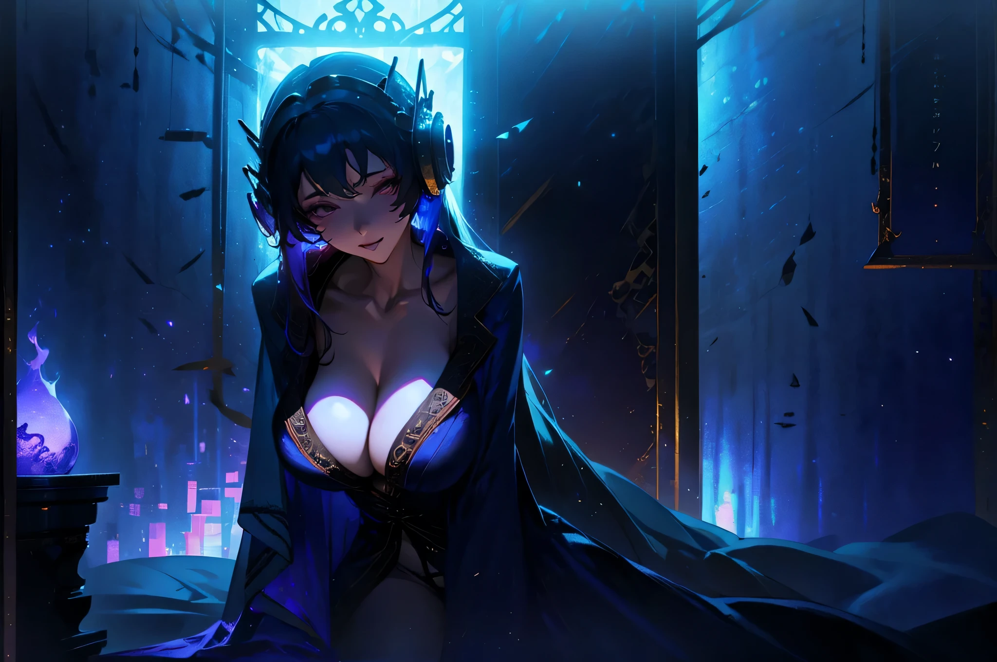 A woman wearing a bathrobe and headphones is lying on the bed、The large window behind offers a beautiful night view.、big breasts、sexy、dimly lit room、moonlight、exposed、half naked、Downlight、On your back