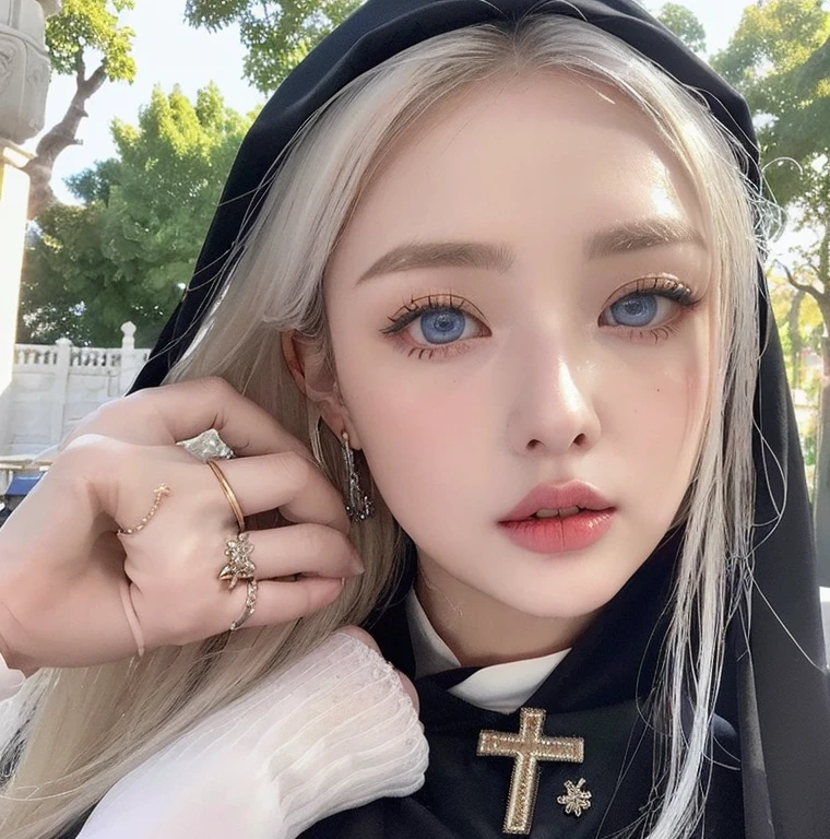 1 miniature Beautiful beautiful woman - Yuan Sayuki, ((top quality, 8K, Masterpiece:1.retty woman, 1 woman, huge breasts:1.3, a slim body:1.1, lush white Long hair, (shower, wet body, wet clothes:1.1), very detailed face, detailed lips, detailed eyes, double eyelids, Detailed blue eyes, чрезвычайно Detailed Outstanding Blue Eyes, short white wet hair, white wet hair, Detailed Outstanding Blue Eyes, innocent look at the viewer, very wet wavy white hair, Detailed Outstanding Blue Eyes, huge cross earrings, Outdoors, badges behind, gothic wedding uniform, sexy gothic style wedding dress with veil, bare chest, huge chest tattoo wearing a wreath, detailed huge earrings, chest tattoo, Outside - there are trees and a buddhist temple in the background, wear a silver cross (Detailed cross shape), reality mode, wet breasts, black necklace, black wedding dress and black veil, human crowd behind, head/forehead chain veil, black latex gloves, naked breasts, naked breasts, naked nipples, hair of white snowy colour, night time, red neon lights, demonic nun, nimbus (golden lighting ring above her head)