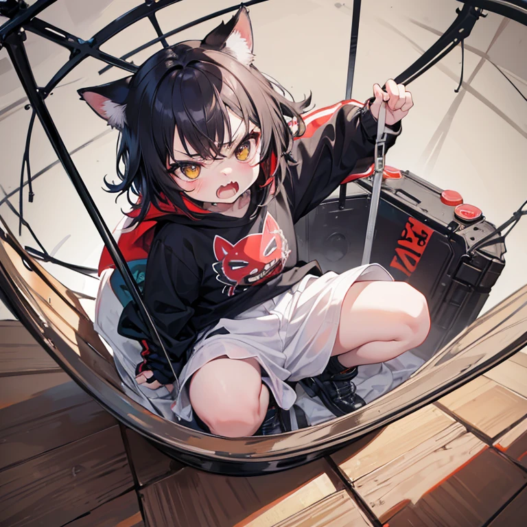 Little wild neko kiddie, acting like a angry feral cat in a small cage, little angry gremlin baby.
