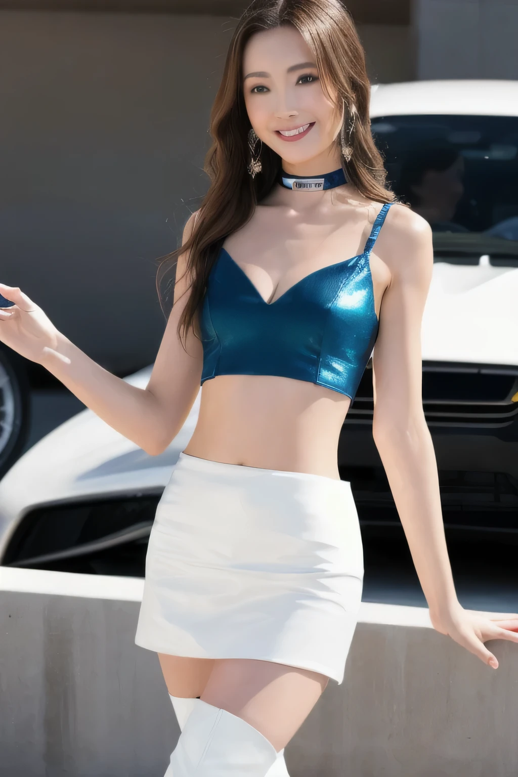zent, best quality, masterpiece, illustration, realistic, photo-realistic, amazing, finely detail, incredibly absurdres, huge filesize, ultra-detailed, highres, extremely detailed CG unity 8k wallpaper, nsfw, close-up, A captivating race queen with delicate features reminiscent of a popular Japanese actress, flaunting a revealing crop top that hugs her slender figure while accentuating her bust. Donning a miniskirt that showcases her toned legs, along with thigh-high boots adding allure, her long raven locks cascade over her shoulders. Standing confidently in a sultry pose beside a sleek race car, she waves with a radiant smile, her flawless skin glowing with joy. This close-up portrayal captures her exquisite beauty in stunning detail, embodying the epitome of a gorgeous Japanese beauty.