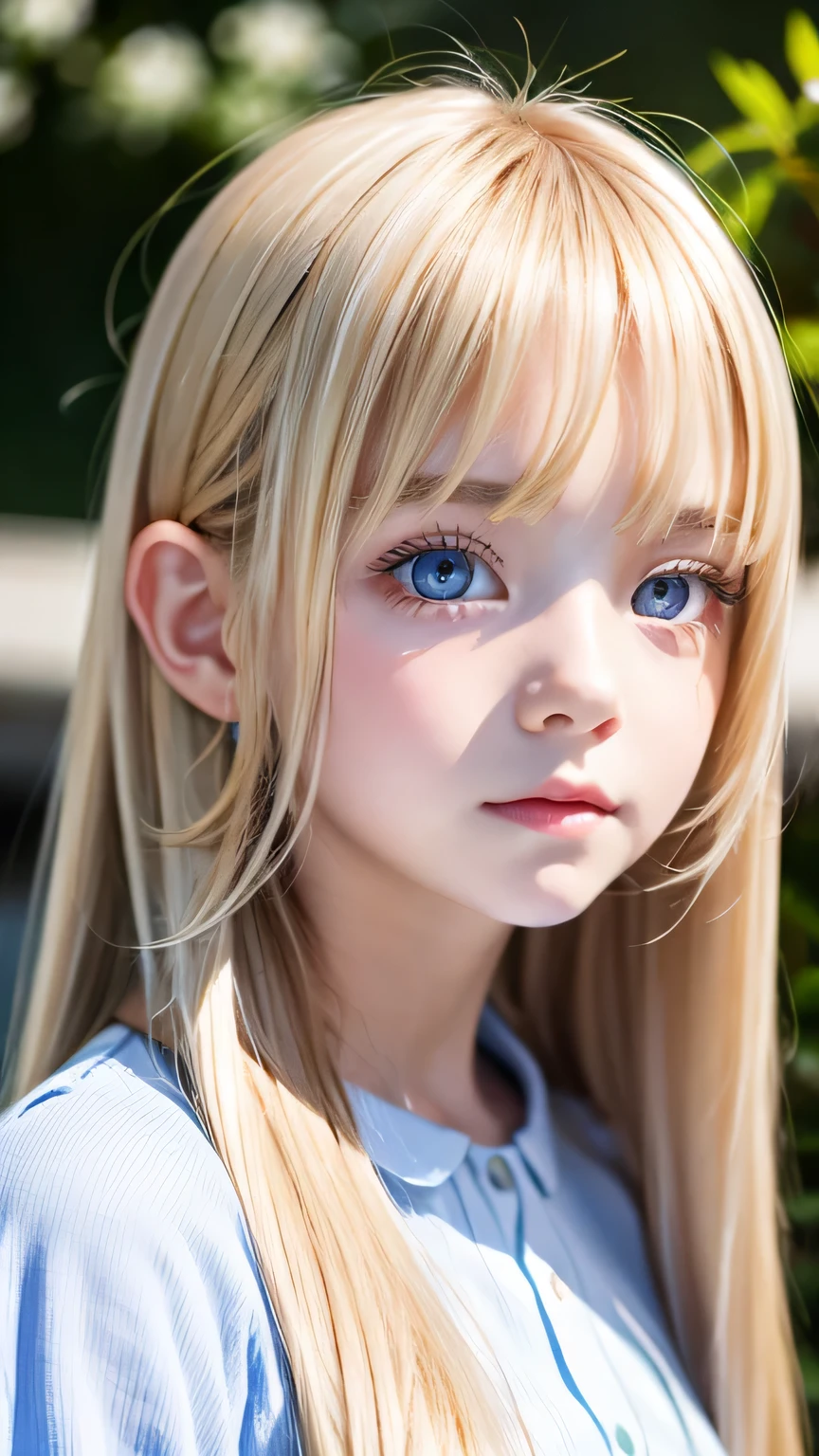 shiny transparent white skin、Windy hair gets in the way of her pretty face、Colossal、Cute little beautiful face of 、Beautiful super long straight blonde hair、Large, bright, light blue eyes that sparkle beautifully、long silky bangs that cover cute eyes, Sexy Face Hide Hair Super Long Hair Sexy Cute Young Woman Long Natural Blonde Shiny Shiny Hair、cheek highlights、small face beauty、