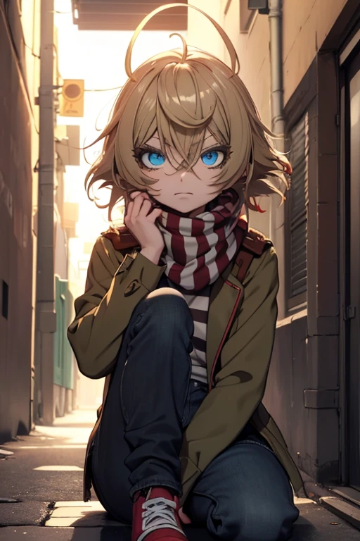 Anime Non-binary Person, Dark Blonde Hair, Thick Hair, Short Hair, Right Eye covered by Hair, Dark Eyes, Red and Green Striped Scarf, Light Brown Jacket, Denim Jeans, Gray Sneakers, Midnight Alleyway Background, Dark Lighting, Illuminated by a Lamp, Sad Expression, Tearing up, Soft, Cute, Close-up, Sitting Position, Side View