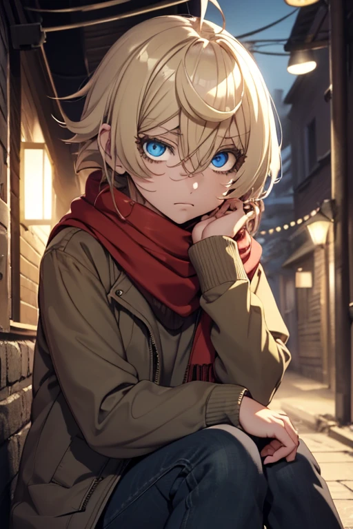 Anime Non-binary Person, Dark Blonde Hair, Thick Hair, Short Hair, Right Eye covered by Hair, Dark Eyes, Red and Green Striped Scarf, Light Brown Jacket, Denim Jeans, Gray Sneakers, Midnight Alleyway Background, Dark Lighting, Illuminated by a Lamp, Sad Expression, Tearing up, Soft, Cute, Close-up, Sitting Position, Side View