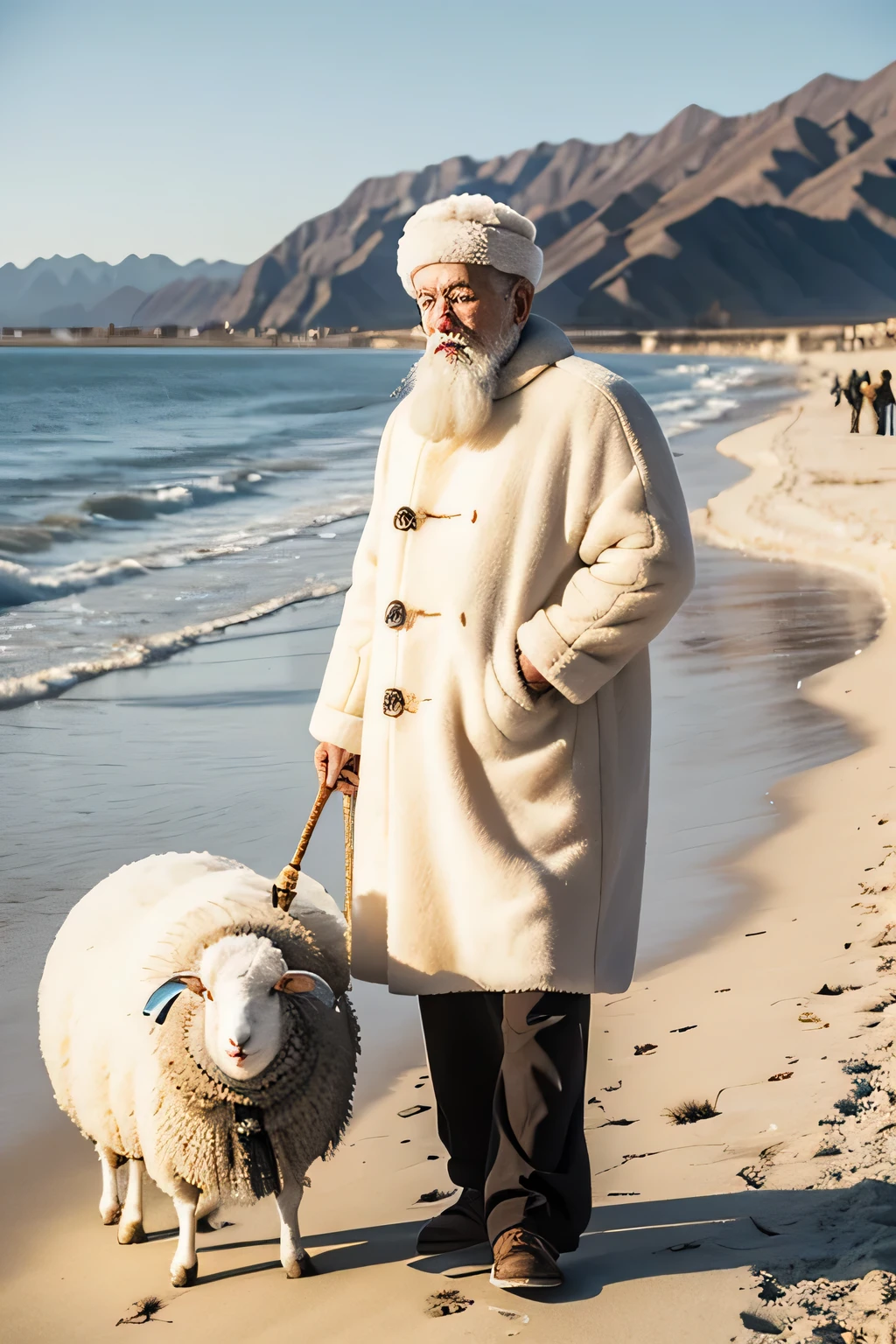 An old man with white hair and beard herding sheep on the beach of the Yellow River in winter，Wearing a torn sheepskin coat，Wearing a fur hat