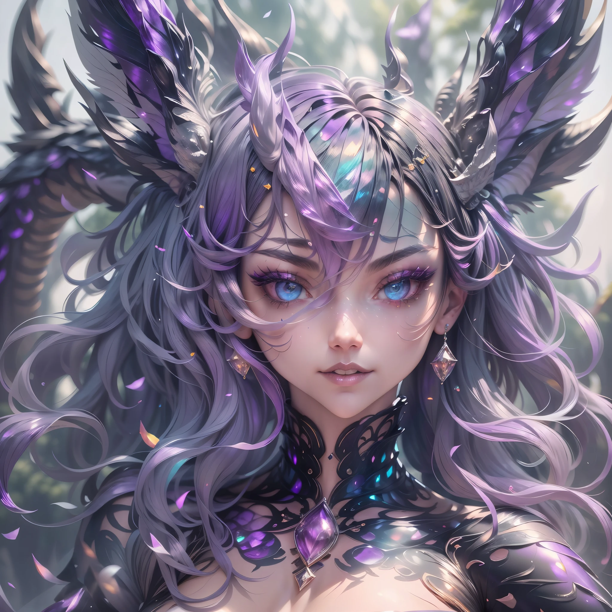 (best quality,4k,8k,highres,masterpiece:1.2, portrait), ultra-detailed, realistic, naked sexy dragon woman with violet glittering scales, skin is glittering amethyst purple scales, medium length black hair with white highlights, very playful but mischievous smile, huge tits, gigantic breasts, naked, nude, detailed crotch, detailed vulva, sexy pose, spread legs, playful, bi-coloured eyes, heterochromia, lustful