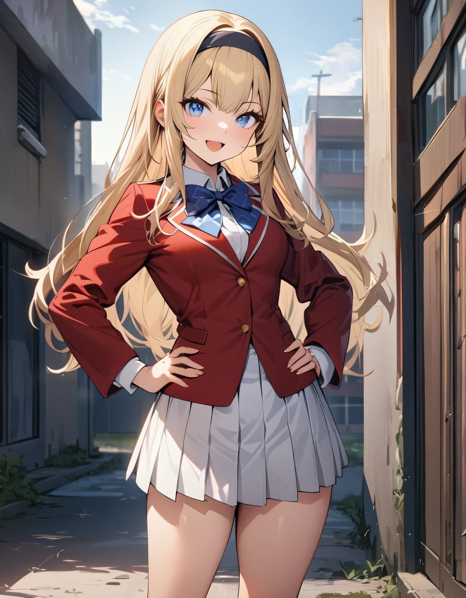 masterpiece, best quality, 1girl, high school girl, (bangs, blonde hair, armpit length hair), ((black headband)), blue eyes, beautiful detailed eyes, beautiful detailed face, cute face, perfect hands, complete fingers, perfect anatomy, perfect proportions, (bow, bowtie. blue bowtie), full body, hand on hip, hands on hips, (red jacket), looking at viewer, (skirt, white skirt, pleated skirt, miniskirt) shirt, white shirt, socks, white socks, brown shoes, solo, standing, school building backdrop, daytime, smile, :d, solo focus, cowboy shot,